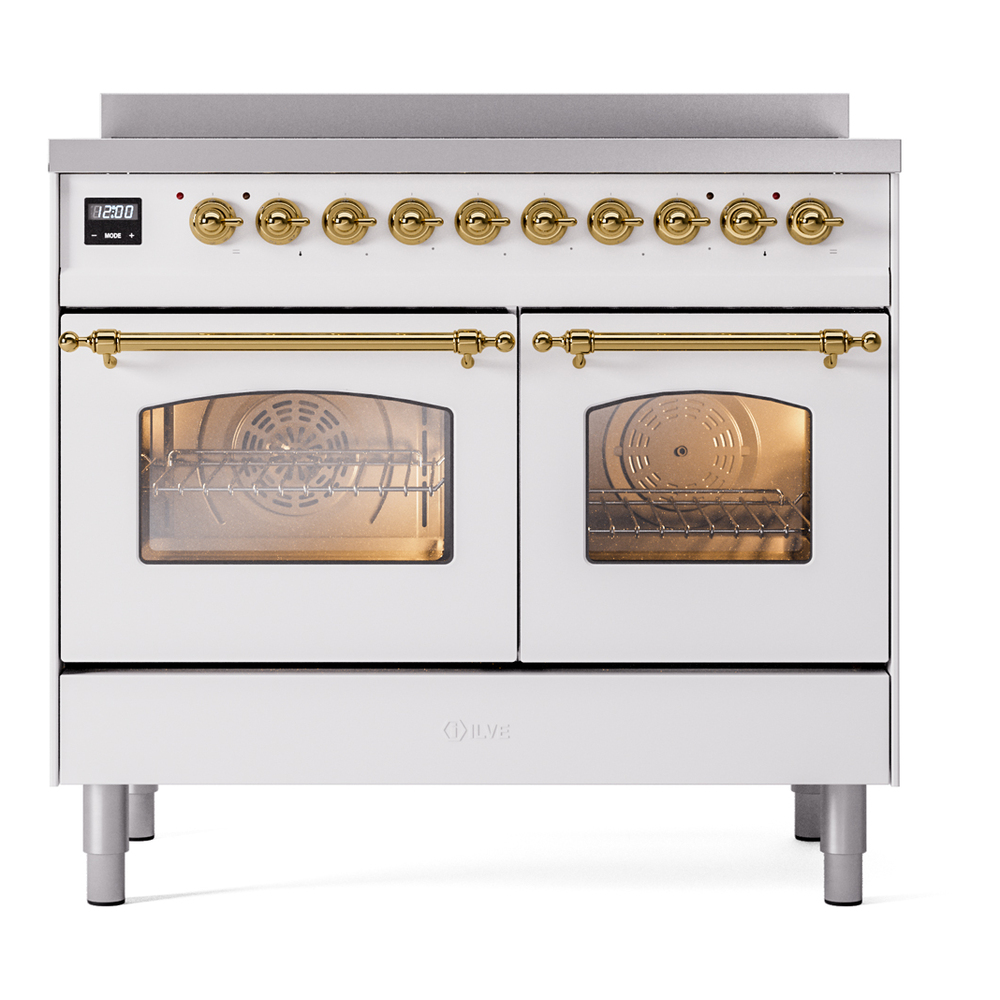 Nostalgie II Series 40 inch Freestanding Electric Induction Range with 6 Elements, Smoothtop Cooktop, 4.3 cu. ft. Total Oven Capacity, Convection Oven, Storage Drawer with Brass Trim UPDI406NMPWHG