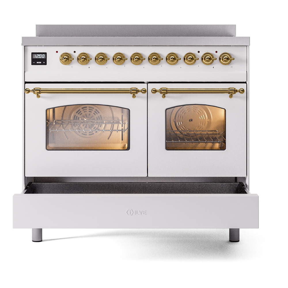Nostalgie II Series 40 inch Freestanding Electric Induction Range with 6 Elements, Smoothtop Cooktop, 4.3 cu. ft. Total Oven Capacity, Convection Oven, Storage Drawer with Brass Trim UPDI406NMPWHG