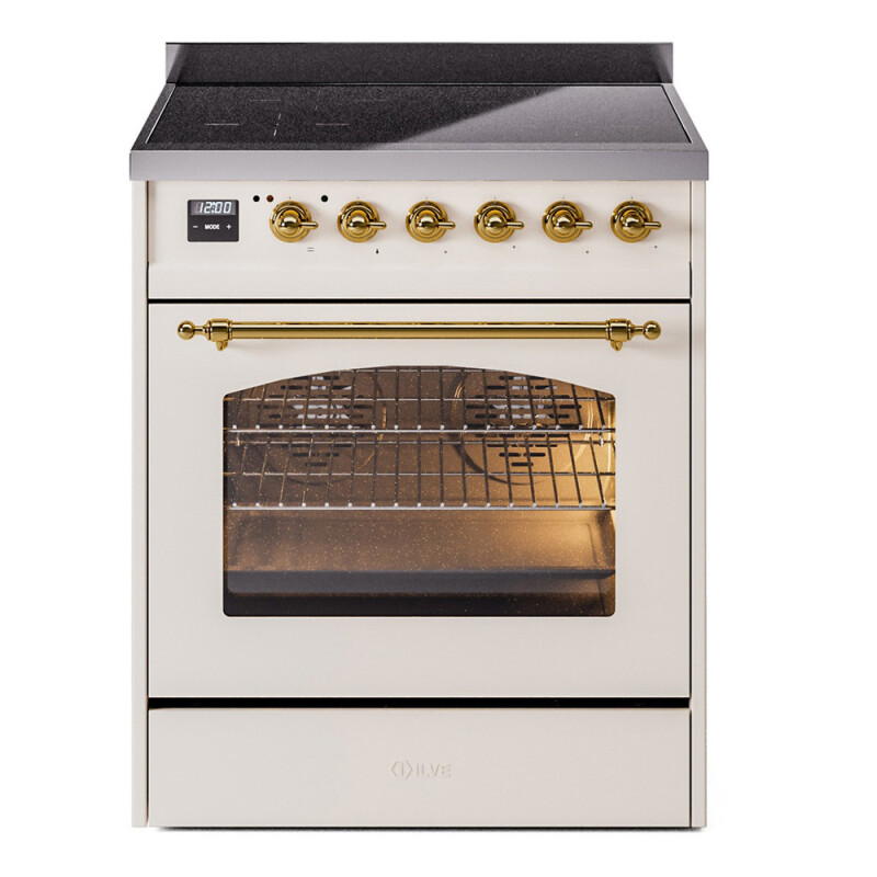 Nostalgie II Series 30 inch Freestanding Electric Induction Range with 4 Elements, Smoothtop Cooktop, 4 cu. ft. Total Oven Capacity, Convection Oven, Viewing Window, Storage Drawer with Brass