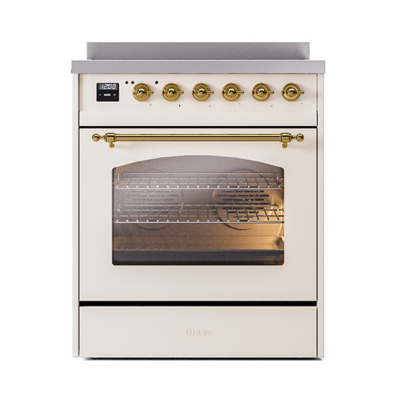 Nostalgie II Series 30 inch Freestanding Electric Induction Range with 4 Elements, Smoothtop Cooktop, 4 cu. ft. Total Oven Capacity, Convection Oven, Viewing Window, Storage Drawer with Brass UPI304NMPAWG