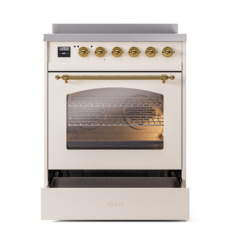 Nostalgie II Series 30 inch Freestanding Electric Induction Range with 4 Elements, Smoothtop Cooktop, 4 cu. ft. Total Oven Capacity, Convection Oven, Viewing Window, Storage Drawer with Brass UPI304NMPAWG