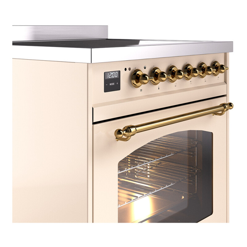 Nostalgie II Series 30 inch Freestanding Electric Induction Range with 4 Elements, Smoothtop Cooktop, 4 cu. ft. Total Oven Capacity, Convection Oven, Viewing Window, Storage Drawer with Brass UPI304NMPAWG