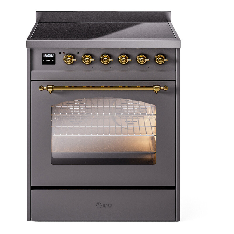 Nostalgie II Series 30 inch Freestanding Electric Induction Range with 4 Elements, Smoothtop Cooktop, 4 cu. ft. Total Oven Capacity, Convection Oven, Viewing Window, Storage Drawer with Brass