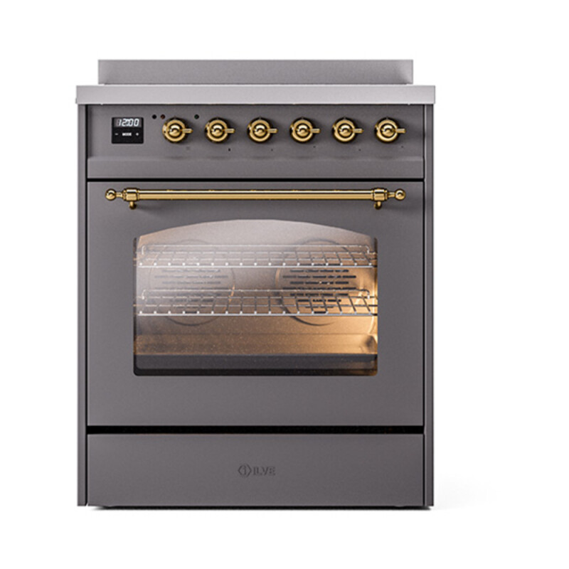 Nostalgie II Series 30 inch Freestanding Electric Induction Range with 4 Elements, Smoothtop Cooktop, 4 cu. ft. Total Oven Capacity, Convection Oven, Viewing Window, Storage Drawer with Brass UPI304NMPMGG