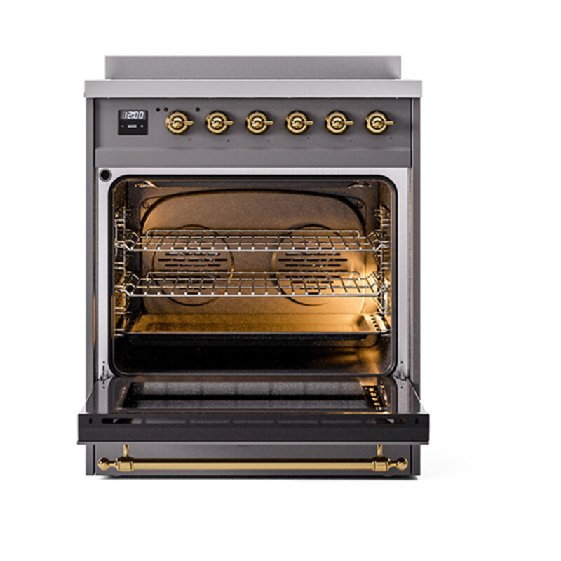 Nostalgie II Series 30 inch Freestanding Electric Induction Range with 4 Elements, Smoothtop Cooktop, 4 cu. ft. Total Oven Capacity, Convection Oven, Viewing Window, Storage Drawer with Brass UPI304NMPMGG