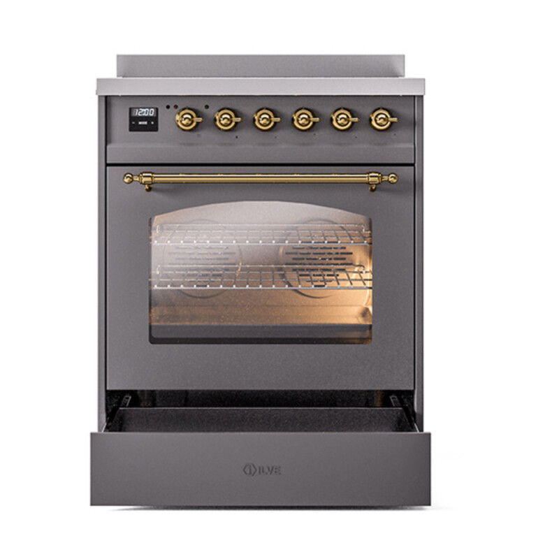 Nostalgie II Series 30 inch Freestanding Electric Induction Range with 4 Elements, Smoothtop Cooktop, 4 cu. ft. Total Oven Capacity, Convection Oven, Viewing Window, Storage Drawer with Brass UPI304NMPMGG