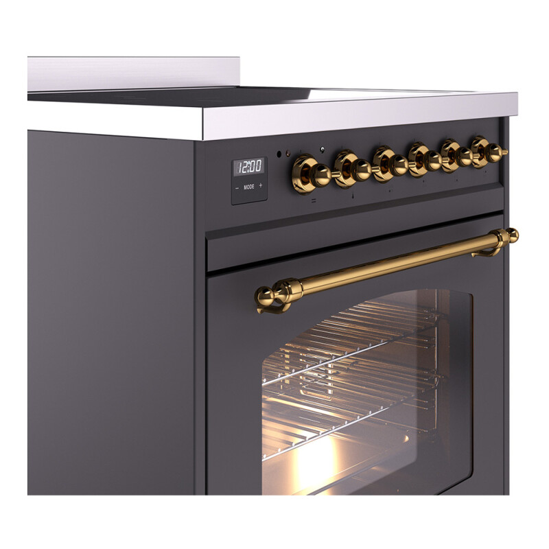 Nostalgie II Series 30 inch Freestanding Electric Induction Range with 4 Elements, Smoothtop Cooktop, 4 cu. ft. Total Oven Capacity, Convection Oven, Viewing Window, Storage Drawer with Brass UPI304NMPMGG