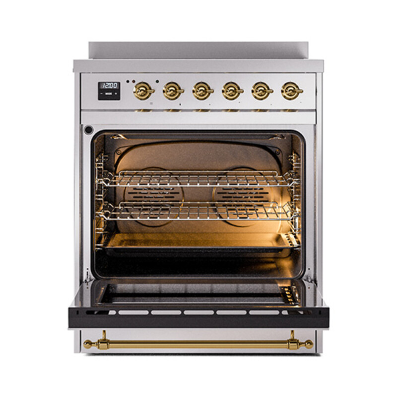 Nostalgie II Series 30 inch Freestanding Electric Induction Range with 4 Elements, Smoothtop Cooktop, 4 cu. ft. Total Oven Capacity, Convection Oven, Storage Drawer with Brass Trim UPI304NMPSSG