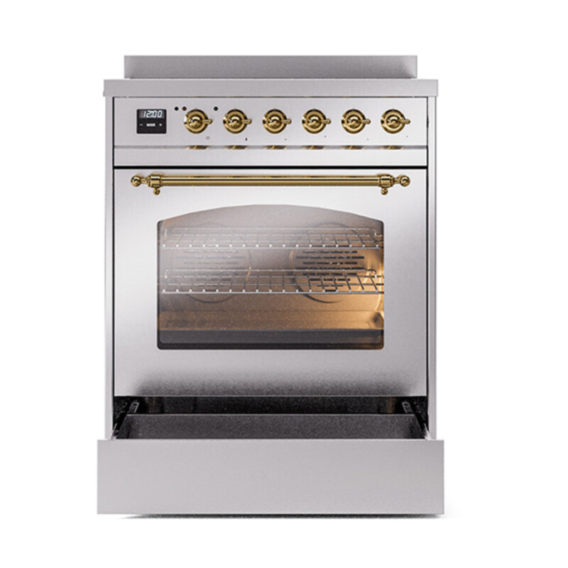 Nostalgie II Series 30 inch Freestanding Electric Induction Range with 4 Elements, Smoothtop Cooktop, 4 cu. ft. Total Oven Capacity, Convection Oven, Storage Drawer with Brass Trim UPI304NMPSSG