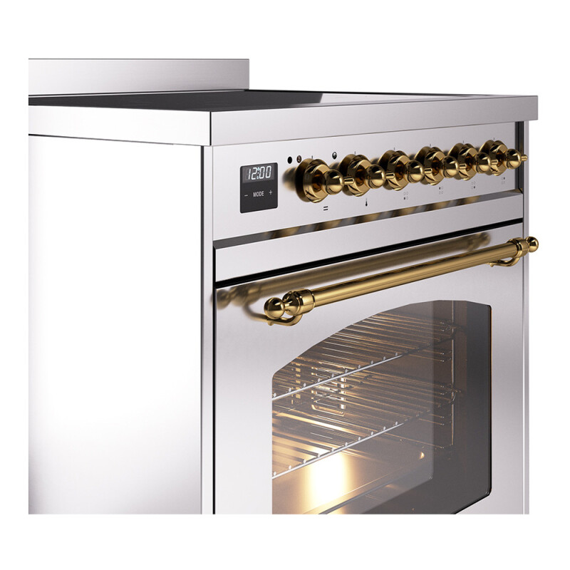 Nostalgie II Series 30 inch Freestanding Electric Induction Range with 4 Elements, Smoothtop Cooktop, 4 cu. ft. Total Oven Capacity, Convection Oven, Storage Drawer with Brass Trim UPI304NMPSSG