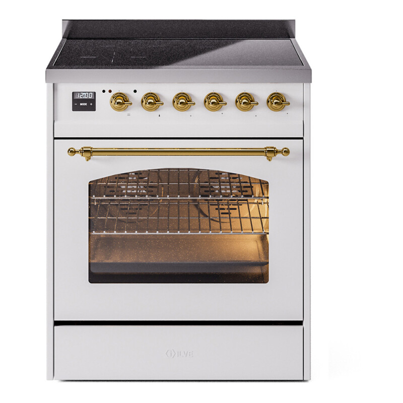 Nostalgie II Series 30 inch Freestanding Electric Induction Range with 4 Elements, Smoothtop Cooktop, 4 cu. ft. Total Oven Capacity, Convection Oven, Viewing Window, Storage Drawer with Brass