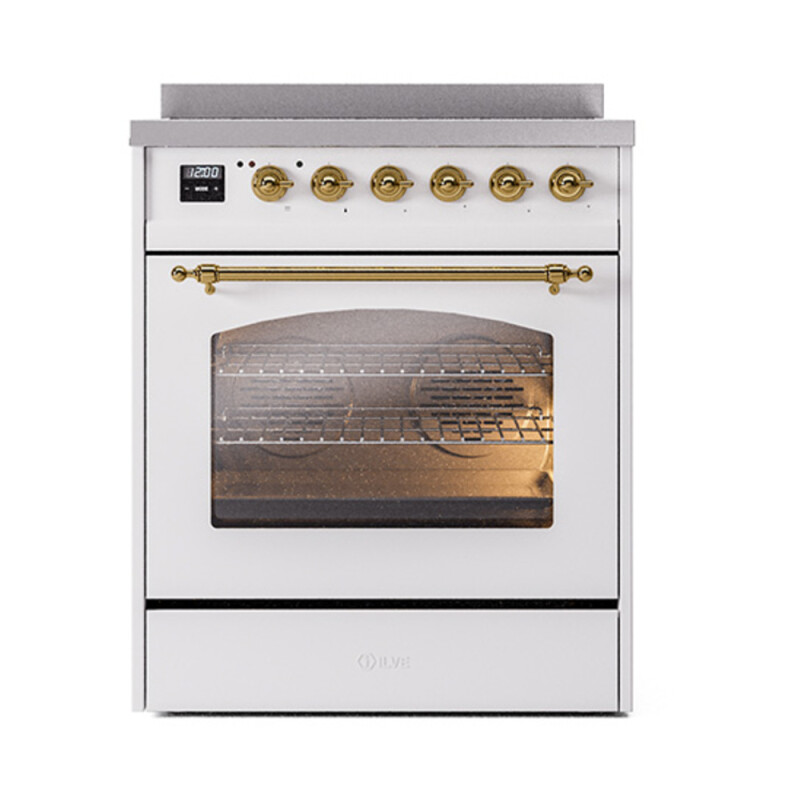 Nostalgie II Series 30 inch Freestanding Electric Induction Range with 4 Elements, Smoothtop Cooktop, 4 cu. ft. Total Oven Capacity, Convection Oven, Viewing Window, Storage Drawer with Brass UPI304NMPWHG