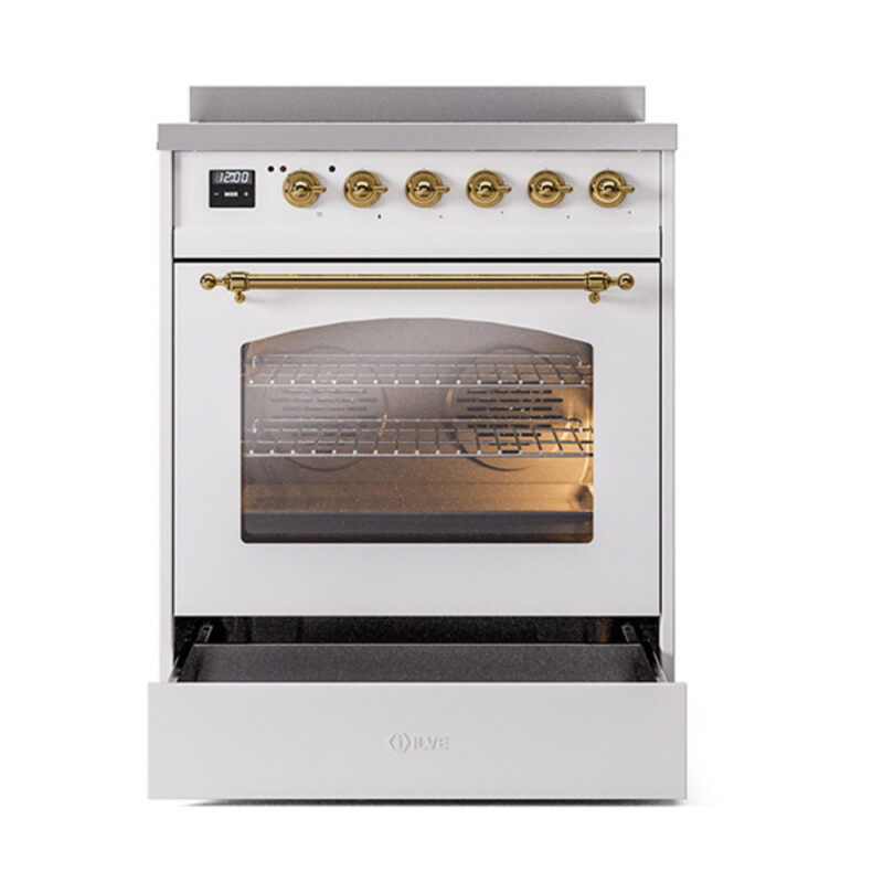 Nostalgie II Series 30 inch Freestanding Electric Induction Range with 4 Elements, Smoothtop Cooktop, 4 cu. ft. Total Oven Capacity, Convection Oven, Viewing Window, Storage Drawer with Brass UPI304NMPWHG