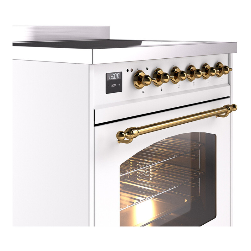 Nostalgie II Series 30 inch Freestanding Electric Induction Range with 4 Elements, Smoothtop Cooktop, 4 cu. ft. Total Oven Capacity, Convection Oven, Viewing Window, Storage Drawer with Brass UPI304NMPWHG