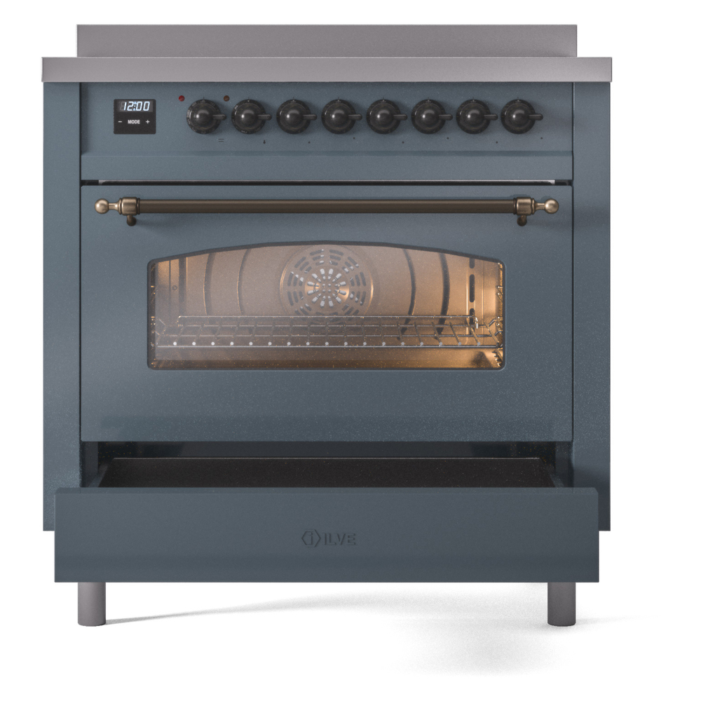 Nostalgie II Series 36 inch Freestanding Electric Induction Range with 6 Elements, Smoothtop Cooktop, 3.5 cu. ft. Total Oven Capacity, Convection Oven, Storage Drawer with Bronze Trim UPI366NMPBGB