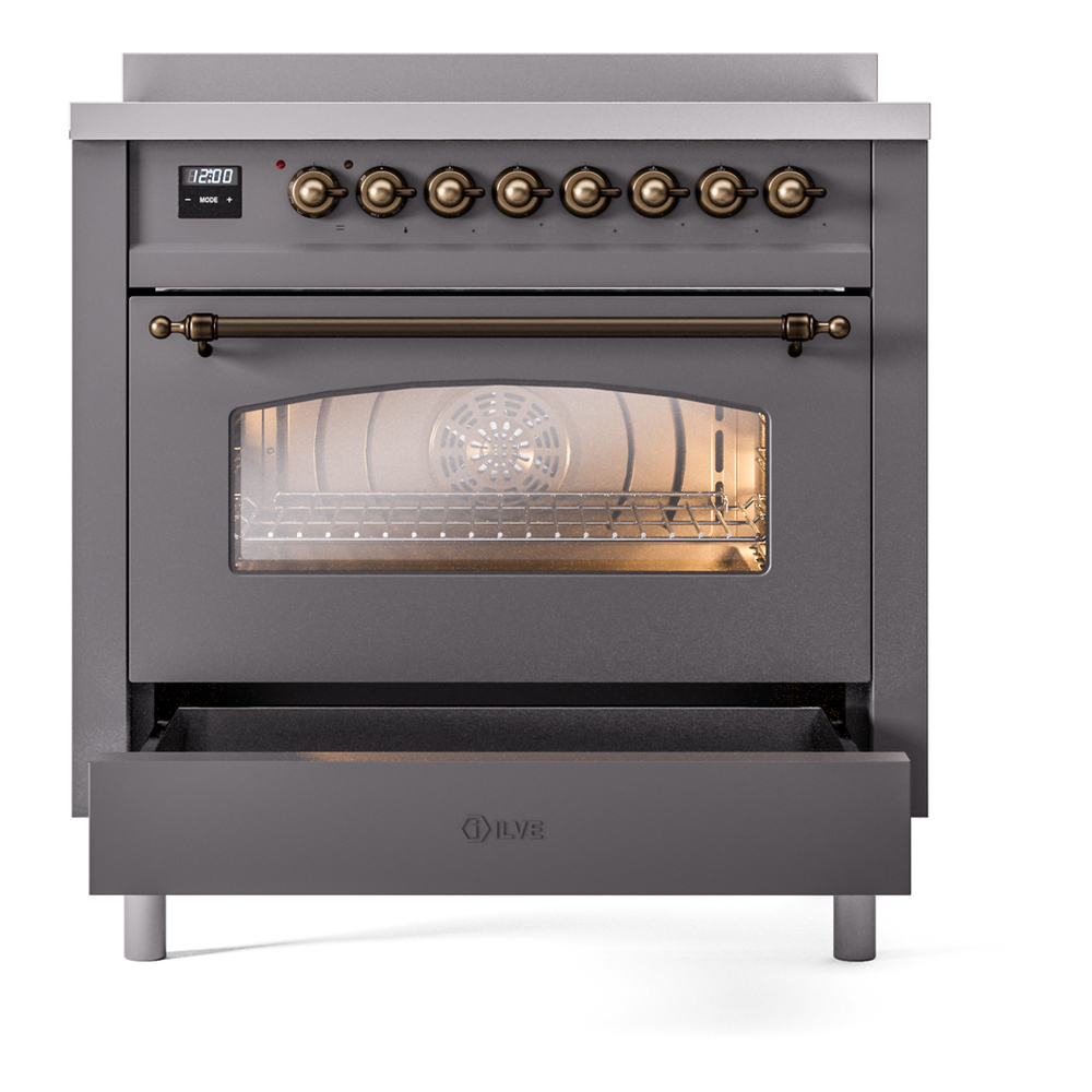 Nostalgie II Series 36 inch Freestanding Electric Induction Range with 6 Elements, Smoothtop Cooktop, 3.5 cu. ft. Total Oven Capacity, Convection Oven, Storage Drawer, with Bronze Trim UPI366NMPMGB