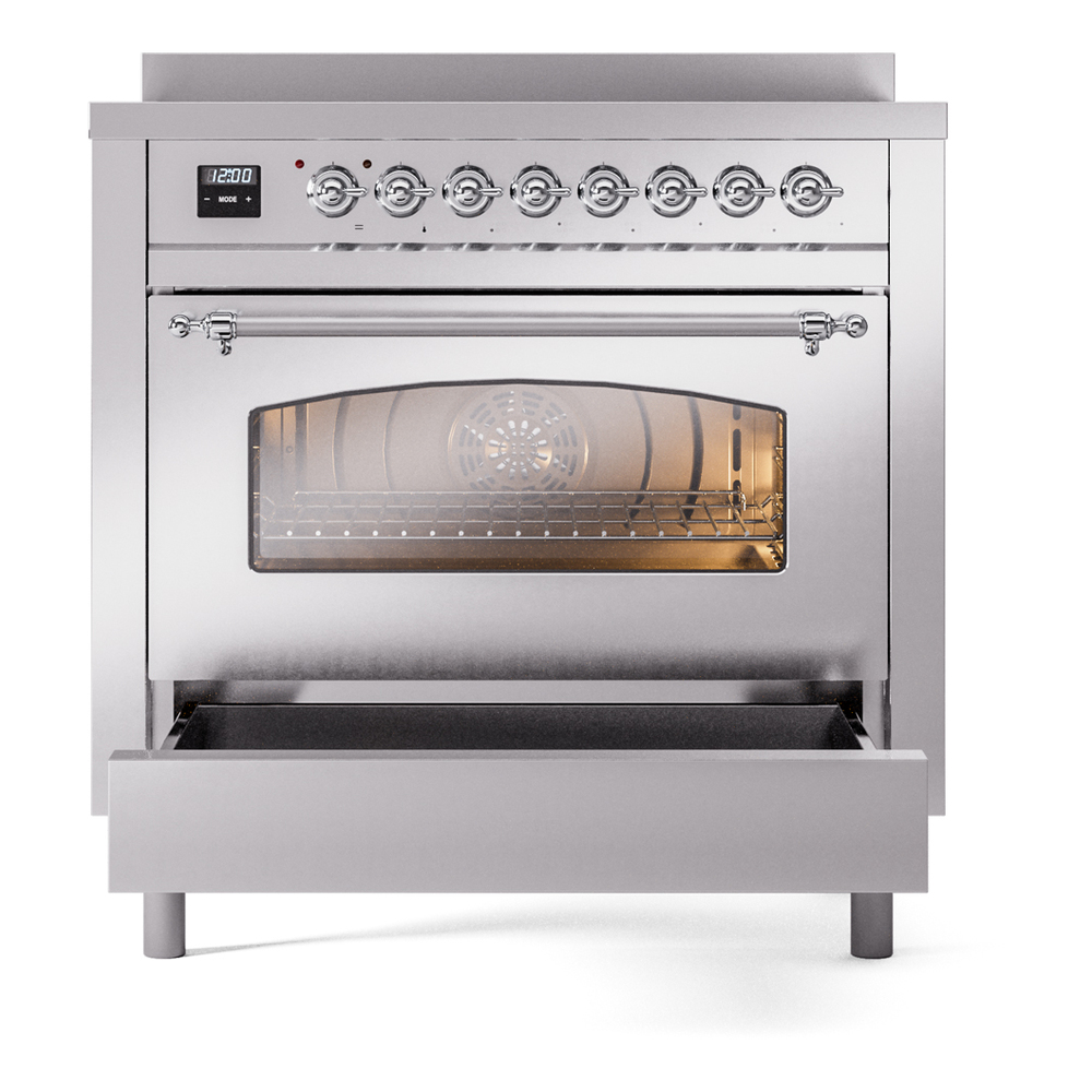 Nostalgie II Series 36 inch Freestanding Electric Induction Range with 6 Elements, Smoothtop Cooktop, 3.5 cu. ft. Total Oven Capacity, Convection Oven, Storage Drawer, with Chrome Trim UPI366NMPSSC