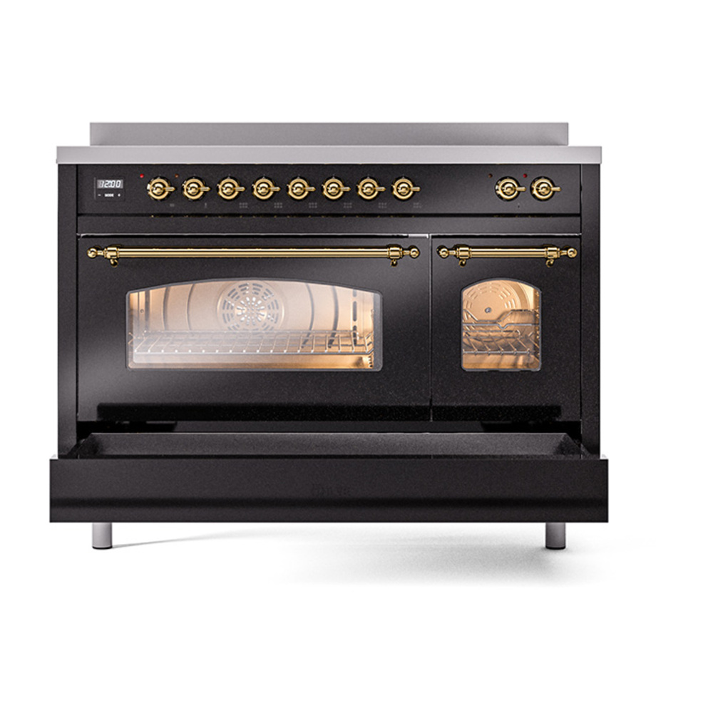 Nostalgie II 48 UPI486NMPBKG Freestanding Electric Range Range with Induction Double Oven with Triple Glass Door with Brass knobs UPI486NMPBKG