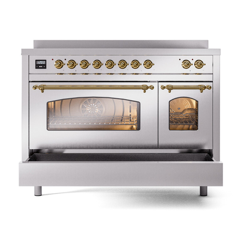 Nostalgie II 48 UPI486NMPSSG Freestanding Electric Range Range with Induction Double Oven with Triple Glass Door with Brass knobs UPI486NMPSSG