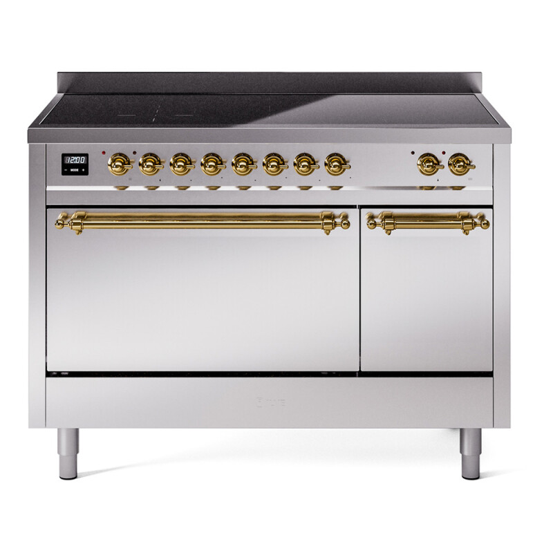 Nostalgie II 48 UPI486QNMPSSG Freestanding Electric Range Range with Induction Double Oven with Solid Door with Brass knobs UPI486QNMPSSG