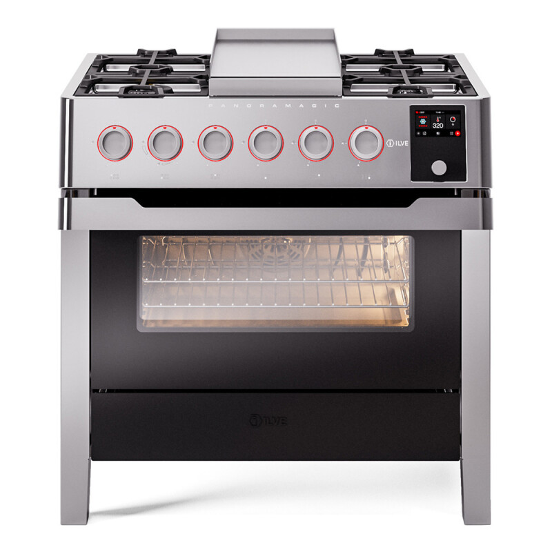 Panoramagic 36 UPM09FDS3SS Freestanding Dual Fuel Range with 6 Sealed Burners with Griddle Single Oven with Triple Glass Door with Satin knobs UPM09FDS3SS