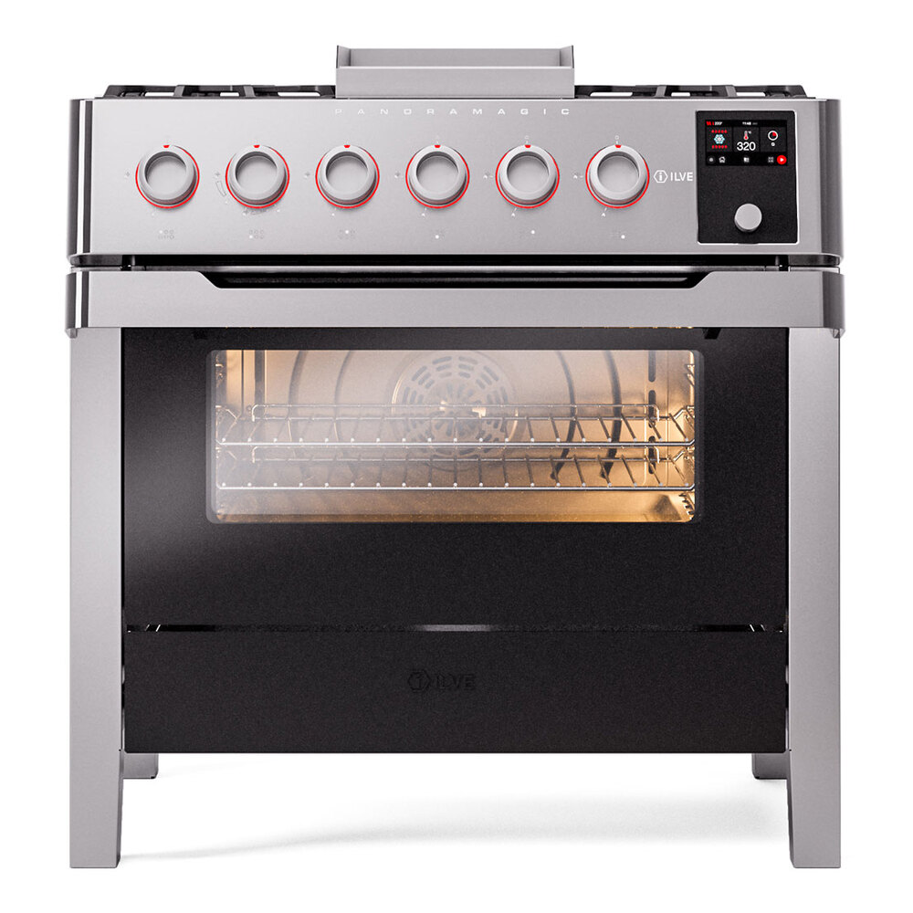 Panoramagic 36 UPM09FDS3SS Freestanding Dual Fuel Range with 6 Sealed Burners with Griddle Single Oven with Triple Glass Door with Satin knobs UPM09FDS3SSLP