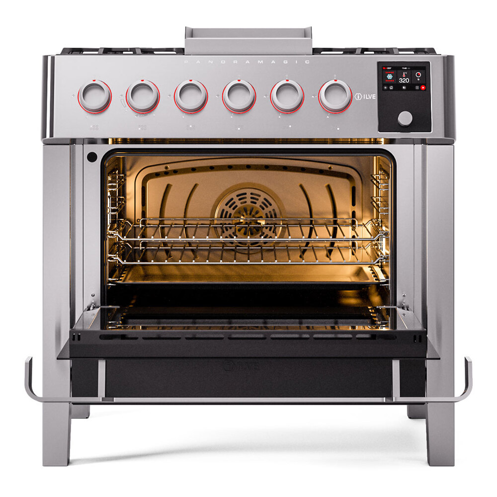 Panoramagic 36 UPM09FDS3SS Freestanding Dual Fuel Range with 6 Sealed Burners with Griddle Single Oven with Triple Glass Door with Satin knobs UPM09FDS3SS