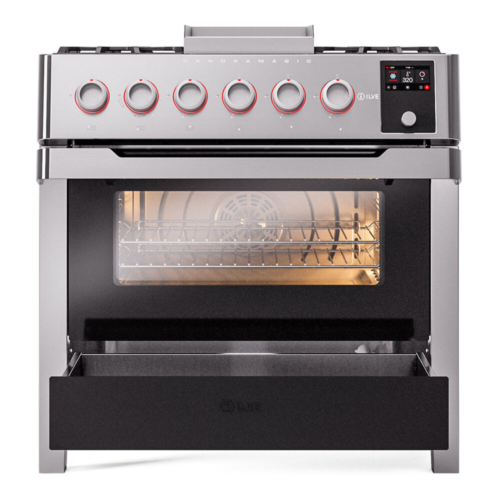 Panoramagic 36 UPM09FDS3SS Freestanding Dual Fuel Range with 6 Sealed Burners with Griddle Single Oven with Triple Glass Door with Satin knobs UPM09FDS3SS