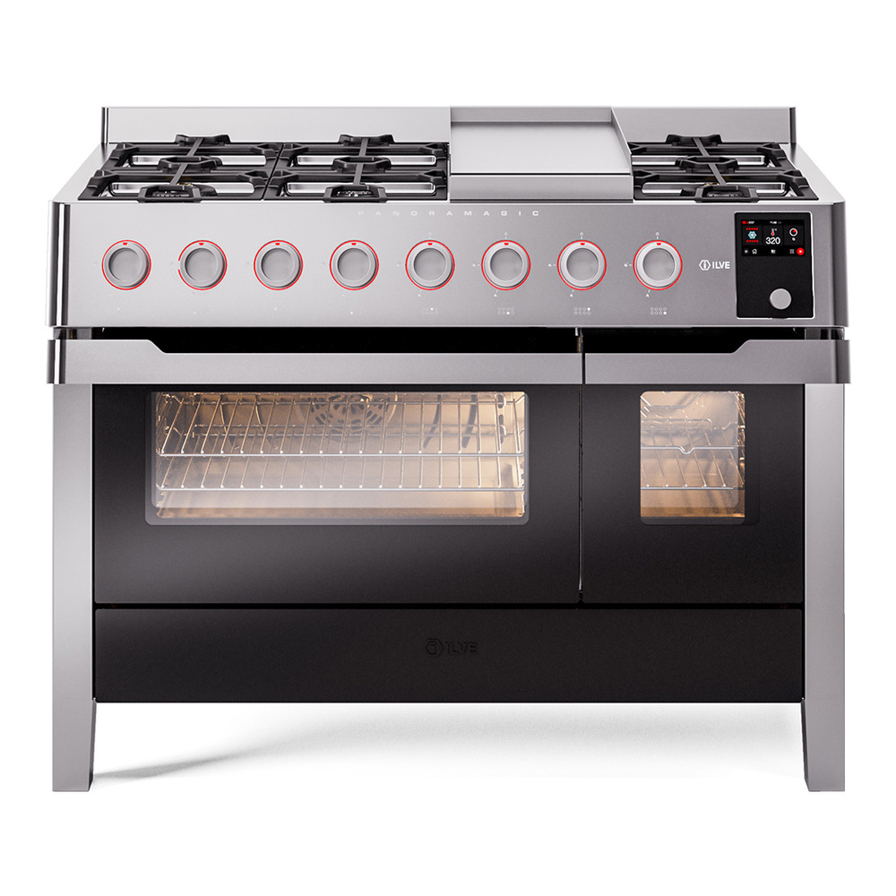 Panoramagic 48 UPM12FDS3SS Freestanding Dual Fuel Range with 8 Sealed Burners with Griddle Double Oven with Triple Glass Door with Satin knobs UPM12FDS3SSLP