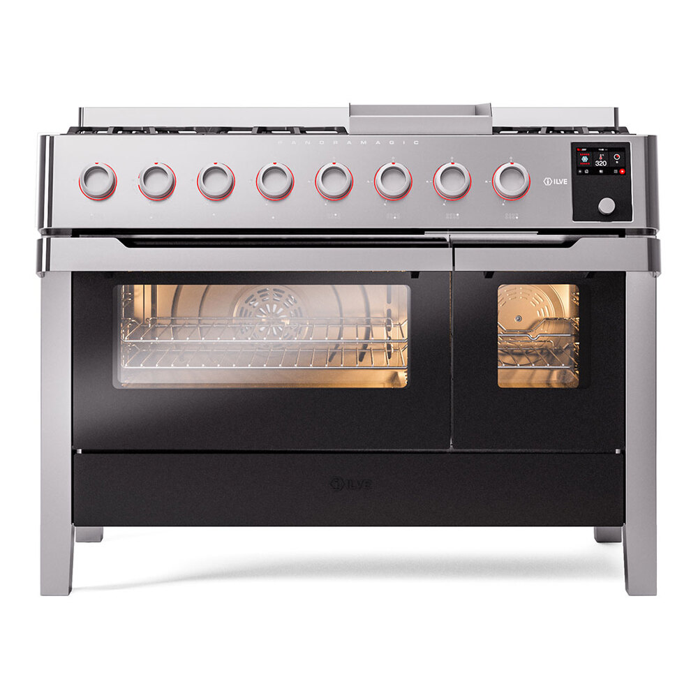 Panoramagic 48 UPM12FDS3SS Freestanding Dual Fuel Range with 8 Sealed Burners with Griddle Double Oven with Triple Glass Door with Satin knobs UPM12FDS3SSLP