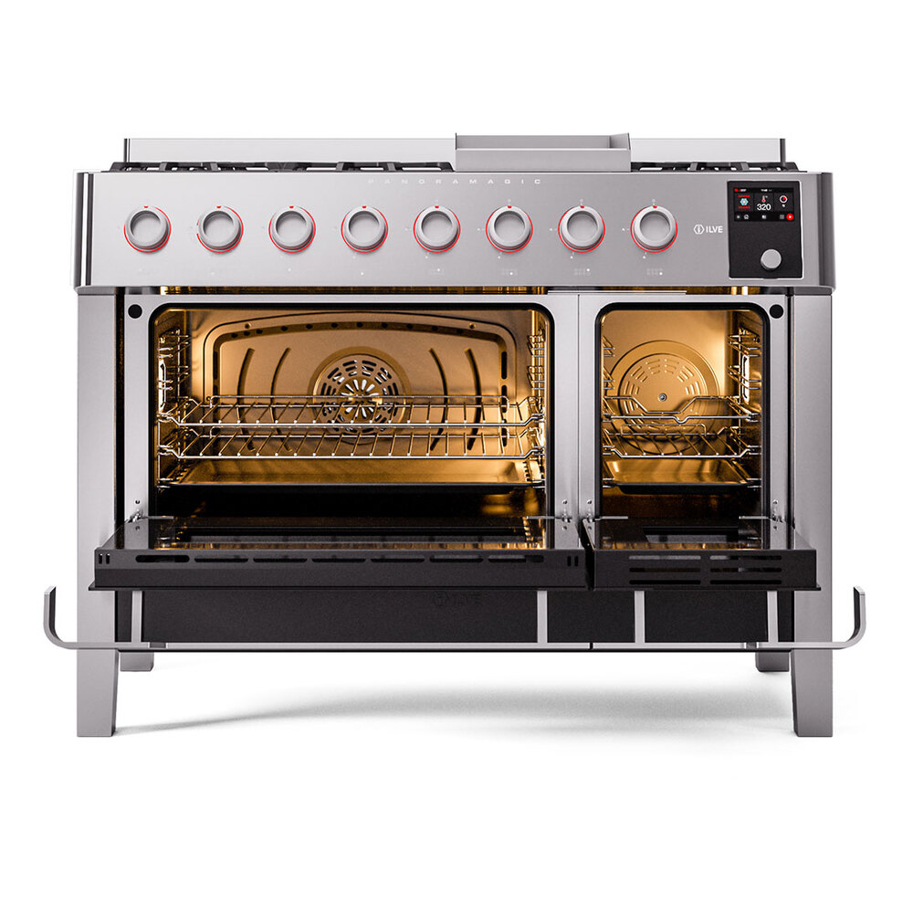 Panoramagic 48 UPM12FDS3SS Freestanding Dual Fuel Range with 8 Sealed Burners with Griddle Double Oven with Triple Glass Door with Satin knobs UPM12FDS3SSLP