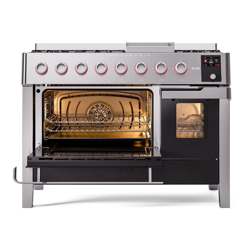 Panoramagic 48 UPM12FDS3SS Freestanding Dual Fuel Range with 8 Sealed Burners with Griddle Double Oven with Triple Glass Door with Satin knobs UPM12FDS3SSLP