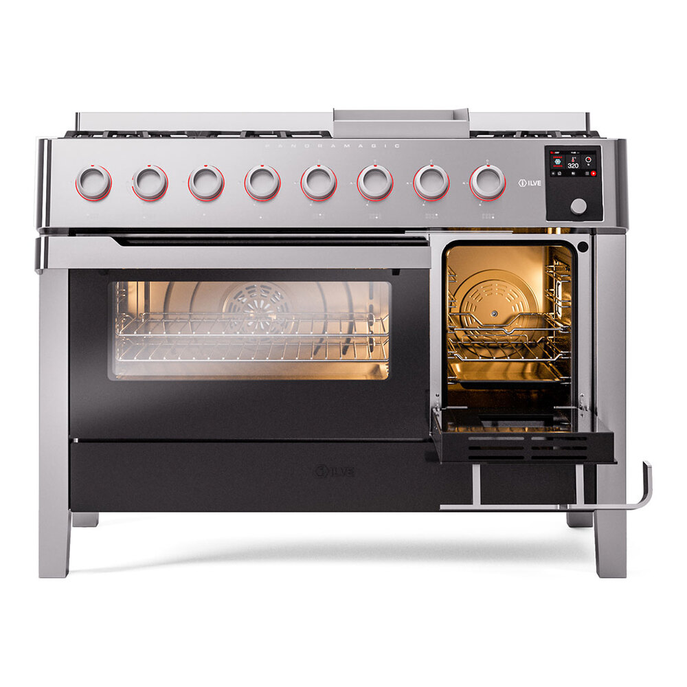 Panoramagic 48 UPM12FDS3SS Freestanding Dual Fuel Range with 8 Sealed Burners with Griddle Double Oven with Triple Glass Door with Satin knobs UPM12FDS3SSLP