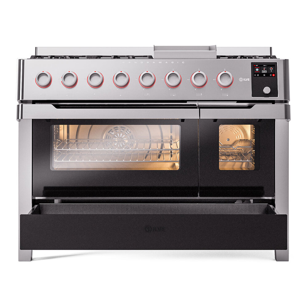Panoramagic 48 UPM12FDS3SS Freestanding Dual Fuel Range with 8 Sealed Burners with Griddle Double Oven with Triple Glass Door with Satin knobs UPM12FDS3SSLP