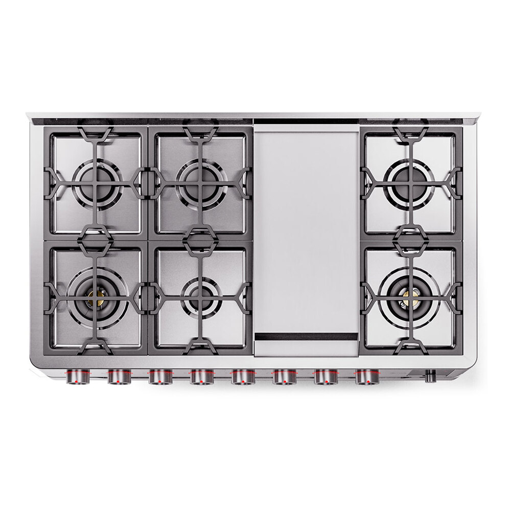 Panoramagic 48 UPM12FDS3SS Freestanding Dual Fuel Range with 8 Sealed Burners with Griddle Double Oven with Triple Glass Door with Satin knobs UPM12FDS3SSLP