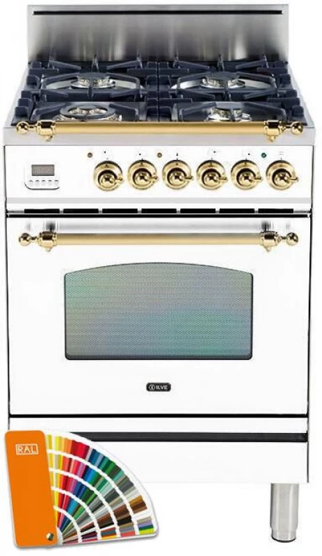 Nostalgie Series 24 inch Freestanding All Gas Range with Natural Gas, 4 Sealed Brass Burners, 2.44 cu. ft. Total Oven Capacity, Convection Oven, Viewing Window, Continuous Grates, Storage Dra