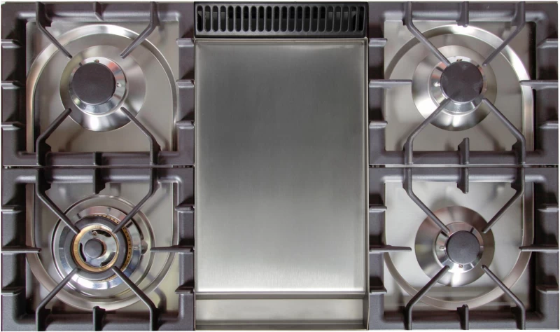 Nostalgie Series 36 inch Freestanding Dual Fuel Range with Natural Gas, 5 Sealed Brass Burners, 3.55 cu. ft. Total Oven Capacity, Griddle, Convection Oven, Continuous Grates, Viewing Window,  UPN90FDMPGUX