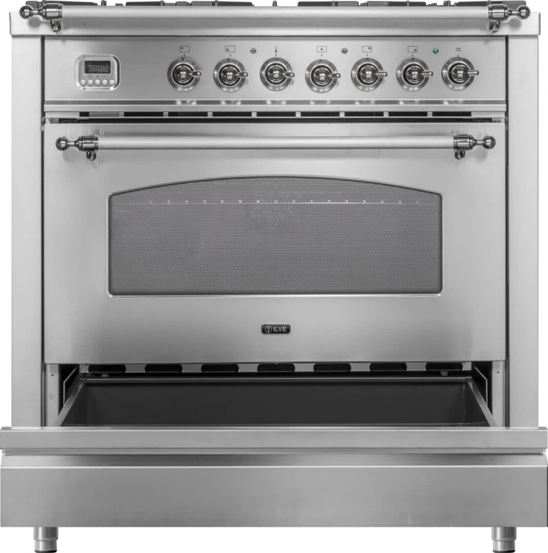 Nostalgie Series 36 inch Freestanding All Gas Range with Natural Gas, 5 Sealed Burners, Griddle, 3.55 cu. ft. Total Oven Capacity, Convection Oven, Viewing Window, Continuous Grates, Storage  UPN90FDVGGIX