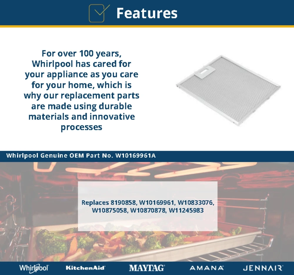 Jennair Range Vent Hood Grease Filter - Silver For Model Jxw6036wr W10169961A