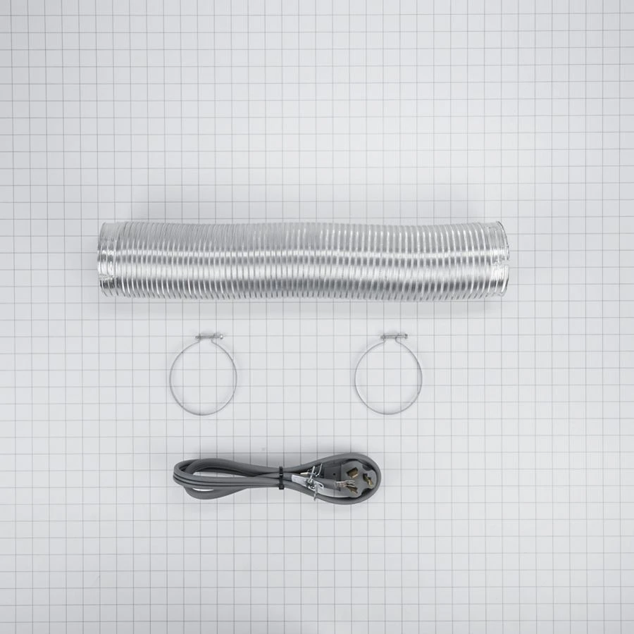 4' Black Dryer Vent Kit power cord, 3-wire, right-angle 3-prong plug, 8' metal slit-cuff vent, and two 4" clamps W10182829RB