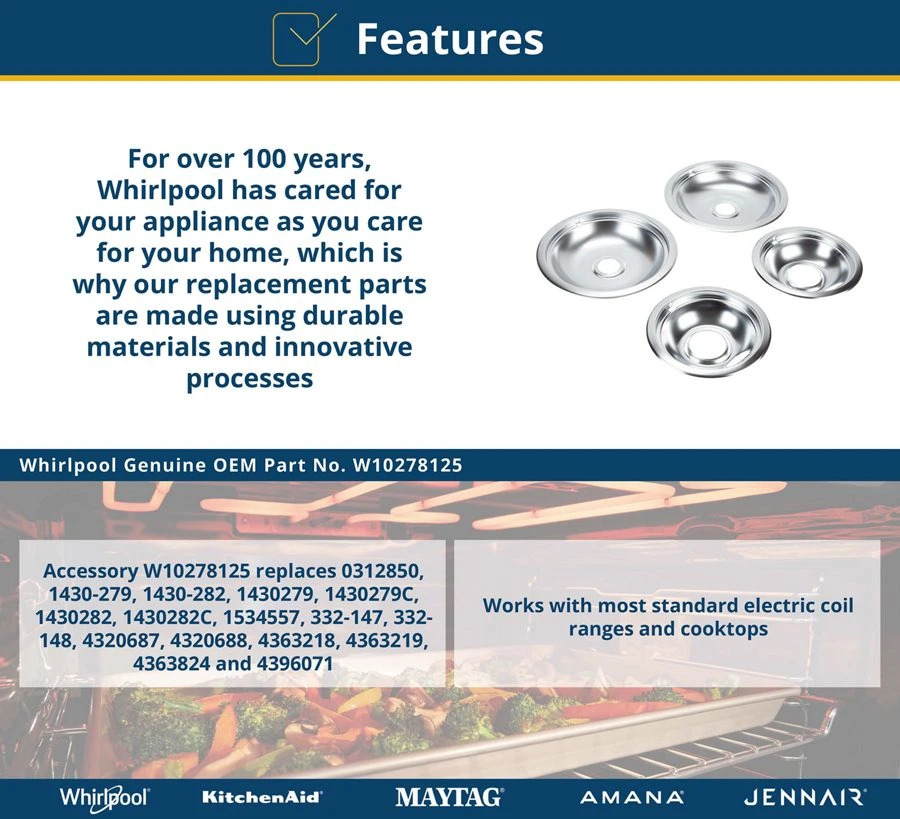 Range Electric/cooktop 4-pack Round Drip Bowls (two 6-in And Two 8-in) - Chrome For Non-hinged, 2-wire Plug Cooking Elements W10278125