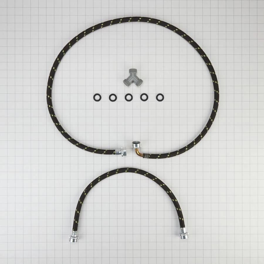 2' and 5' Black braided steam dryer hose kit with 90-degree elbow, Y-connector, and 5 washers - 1 pack W10623830