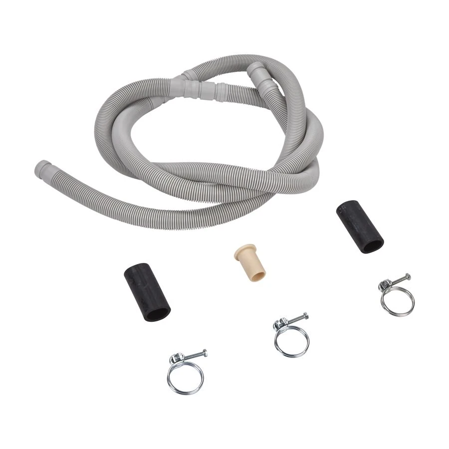Dishwasher drain hose, extends 100-150 inches, with 3 metal wire hose clamps and 2 molded rubber straight end fittings W10712310