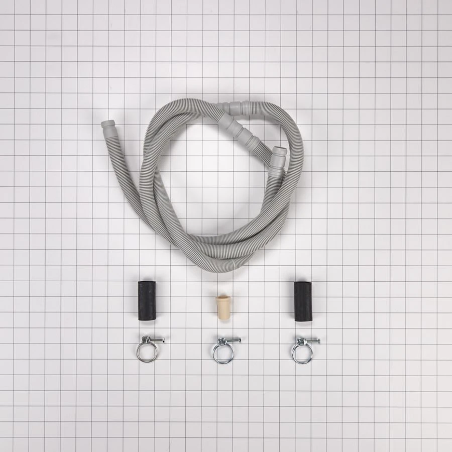 Dishwasher drain hose, extends 100-150 inches, with 3 metal wire hose clamps and 2 molded rubber straight end fittings W10712310