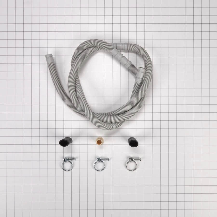 Dishwasher drain hose, extends 100-150 inches, with 3 metal wire hose clamps and 2 molded rubber straight end fittings W10712310