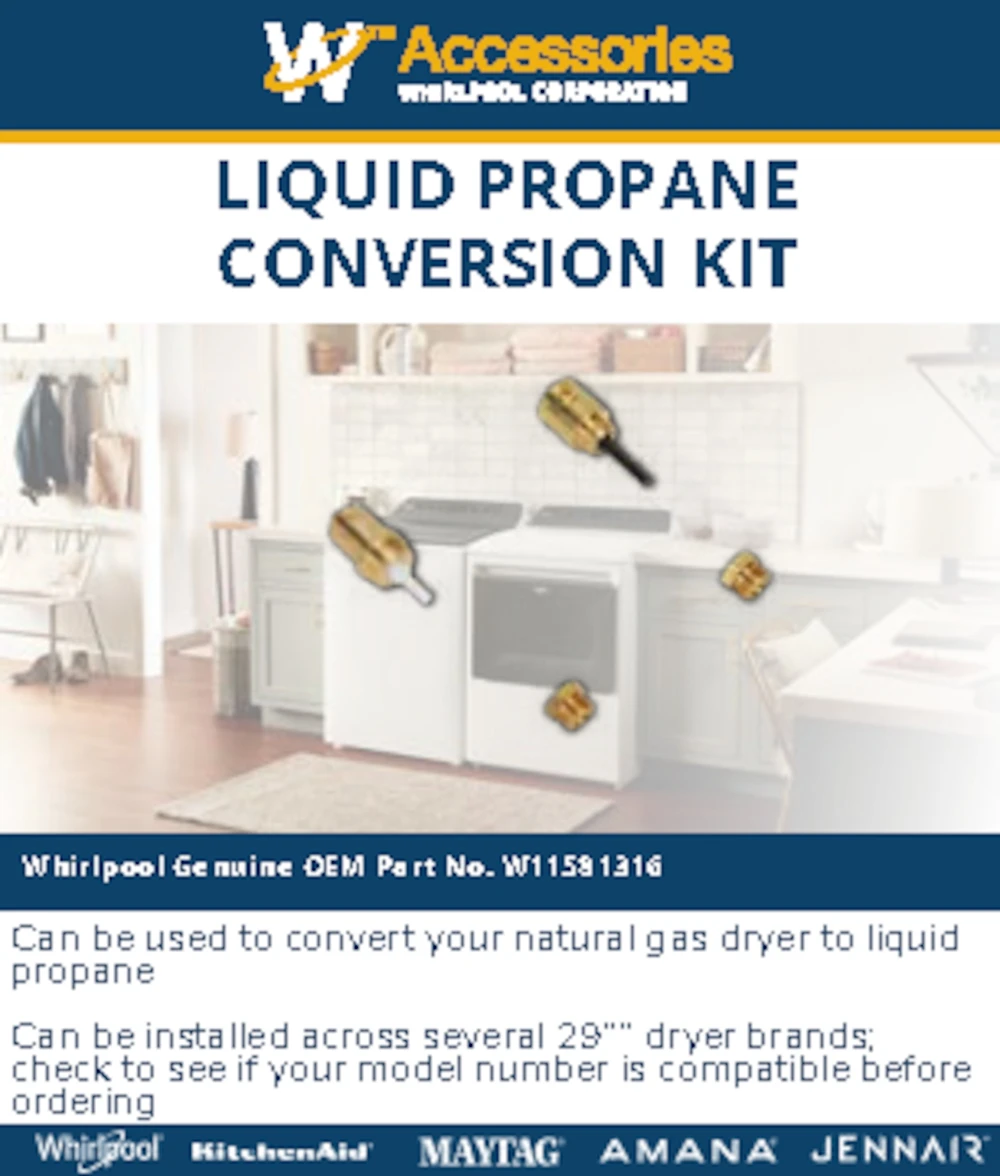Gas Dryer Conversion Kit Fits 29" Dryers, Propane-orifice Size-54, Butane-orifice Size-55 W11581316