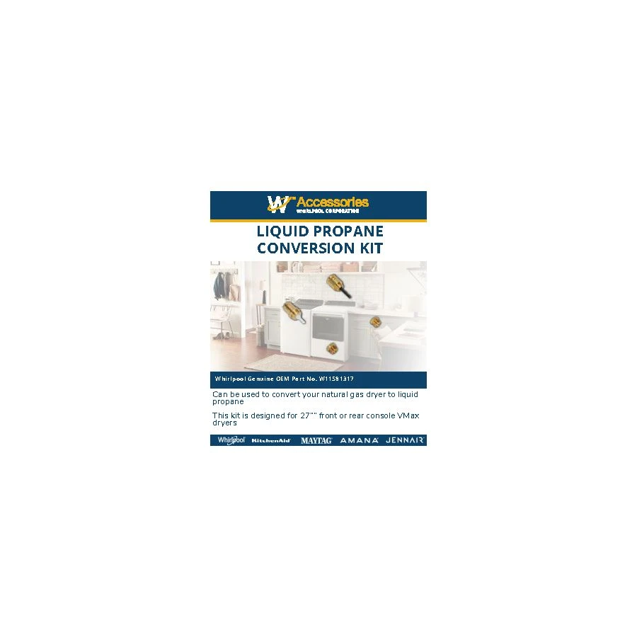 Gas Dryer Conversion Kit fits 27" F/R console VMAX dryers, propane-orifice size-55, butane-orifice size-54 W11581317