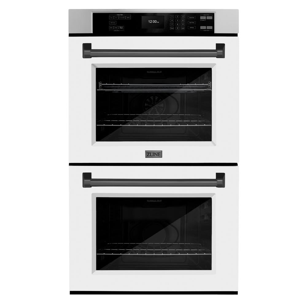 ZLINE Autograph Edition 30 in. Professional True Convection Double Wall Oven with Air Fry and Self Clean in Stainless Steel with White Matte Doors and Matte Black Handles (WADZ-WM-30-MB) WADZ