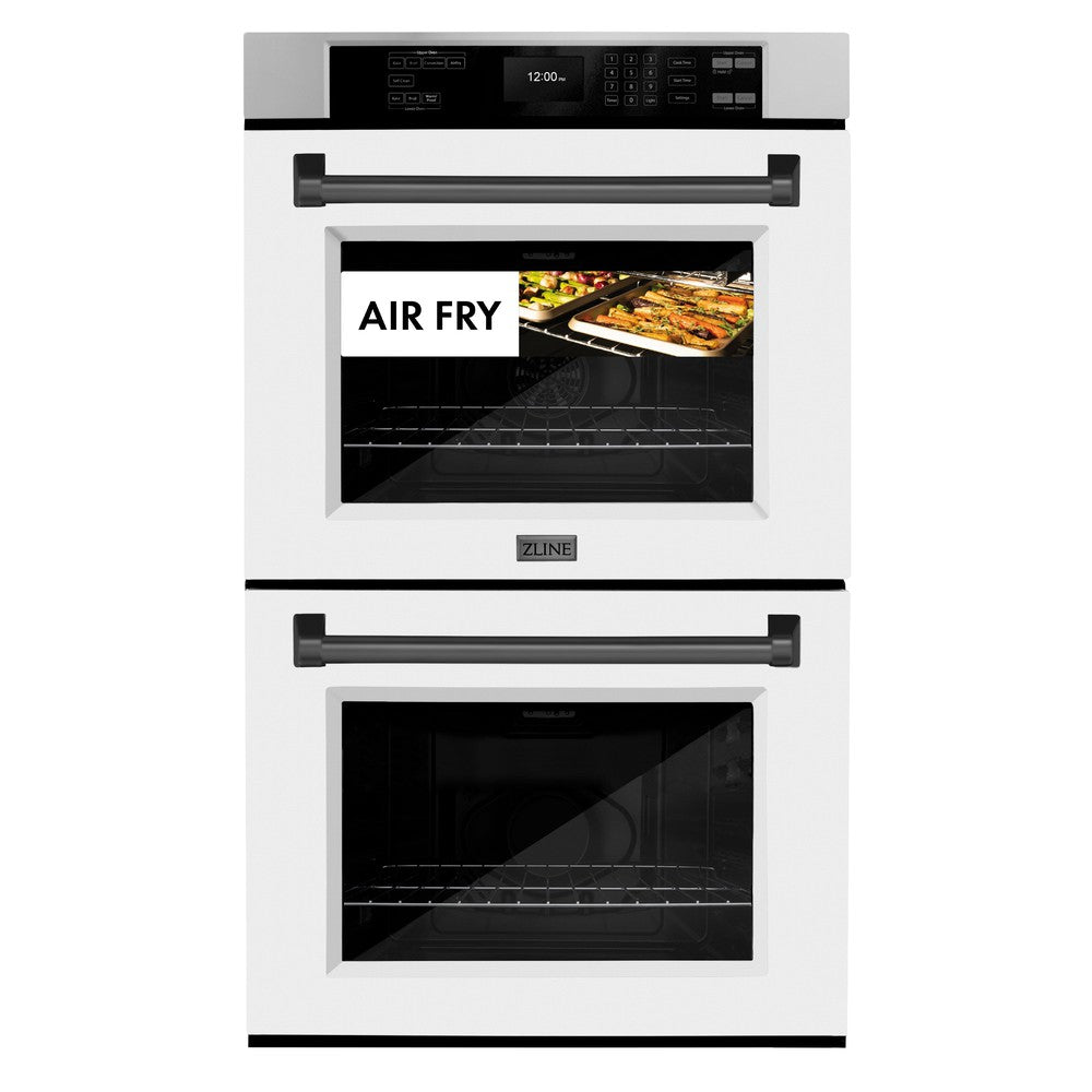 ZLINE Autograph Edition 30 in. Professional True Convection Double Wall Oven with Air Fry and Self Clean in Stainless Steel with White Matte Doors and Matte Black Handles (WADZ-WM-30-MB) WADZWM30MB