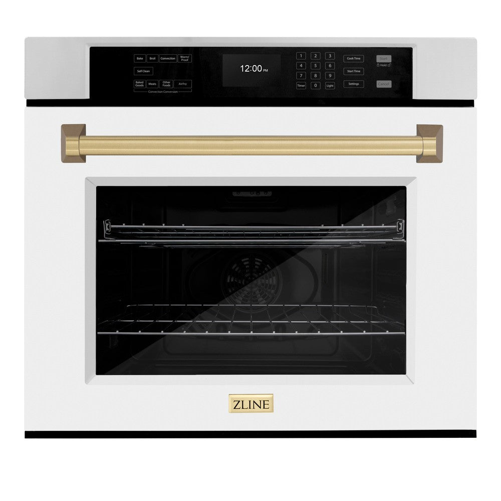 ZLINE Autograph Edition 30 in. Professional True Convection Single Wall Oven with Air Fry and Self Clean in Stainless Steel with White Matte Door and Champagne Bronze Handle (WASZ-WM-30-CB) W